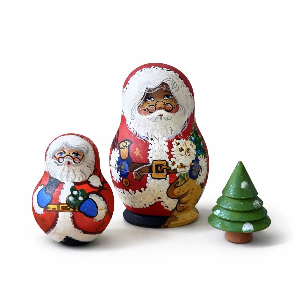 Sergiyev Posad Russian Nesting Doll 3-Pc Set Hand Painted Wooden Santa Signed